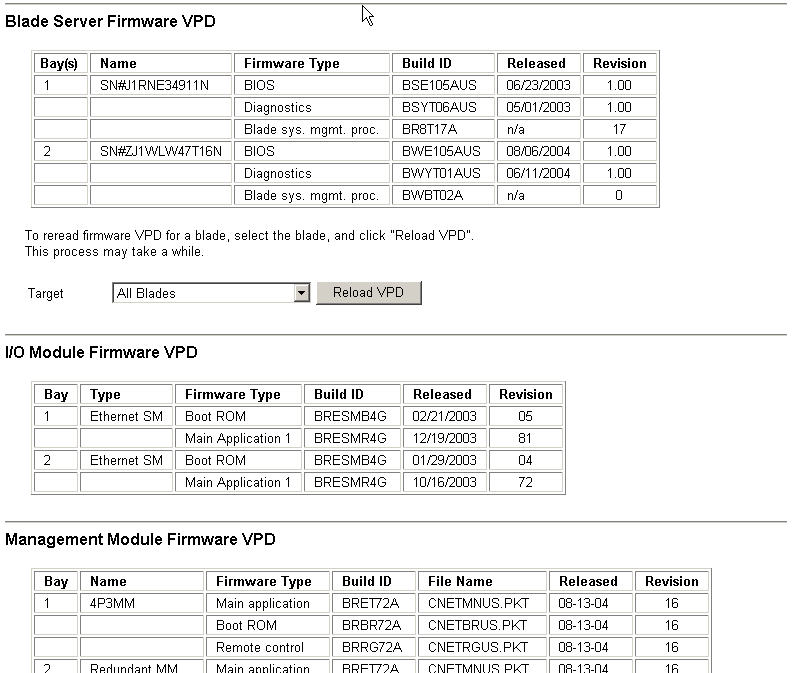 Graphic illustrating the firmware VPD page for a management module other than the advanced management module.