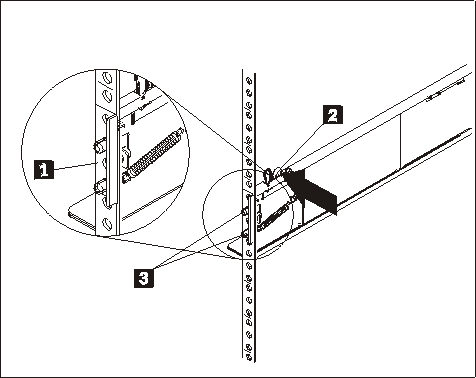 Graphic showing how to mount the rails onto the rack cabinet