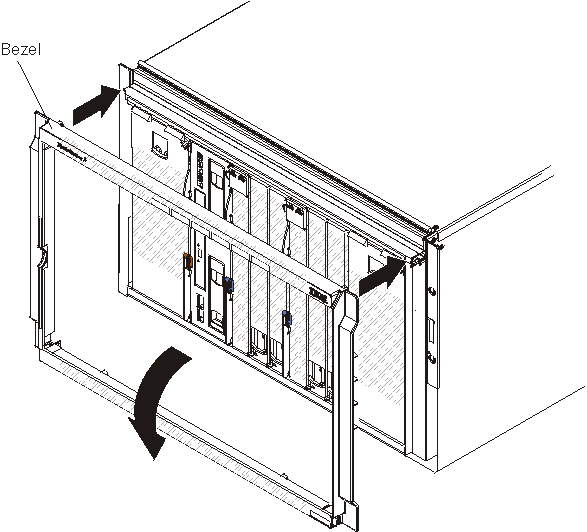 Graphic of the BladeCenter S chassis showing the bezel being installed.