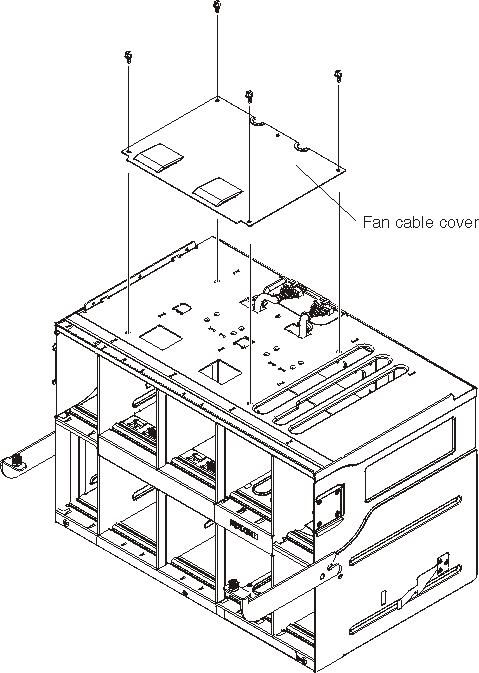 Graphic illustrating the removal of the fan cable cover from a BladeCenter S chassis.