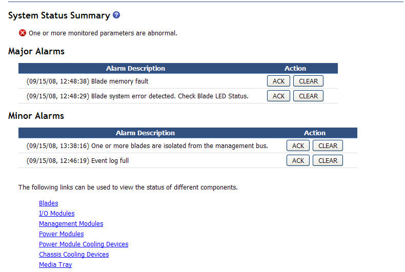 Graphic illustrating the system status summary page for BladeCenter T units.