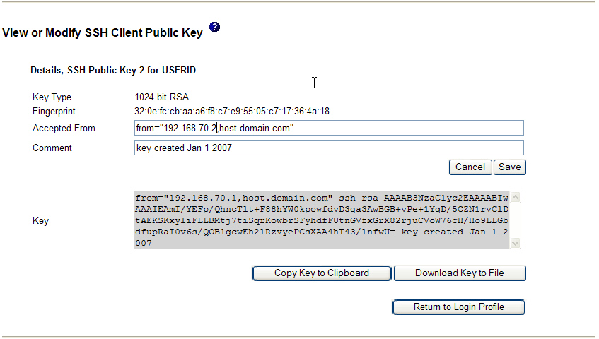 Graphic illustrating the view or modify SSH client public key page.