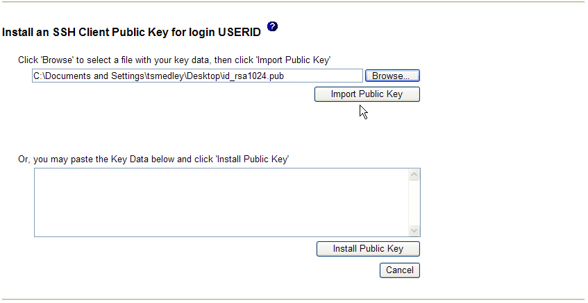 Graphic illustrating the SSH client public key installation page.