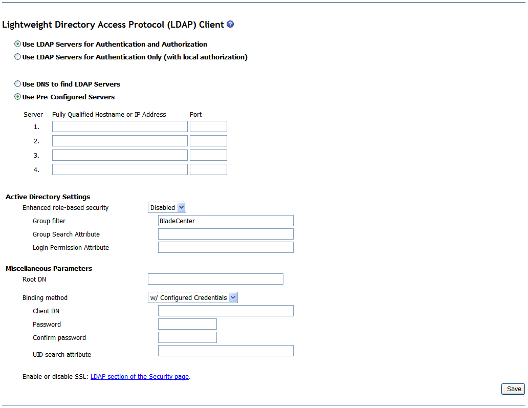 Graphic illustrating the LDAP client setup page for legacy authentication and authorization using pre-configured servers.
