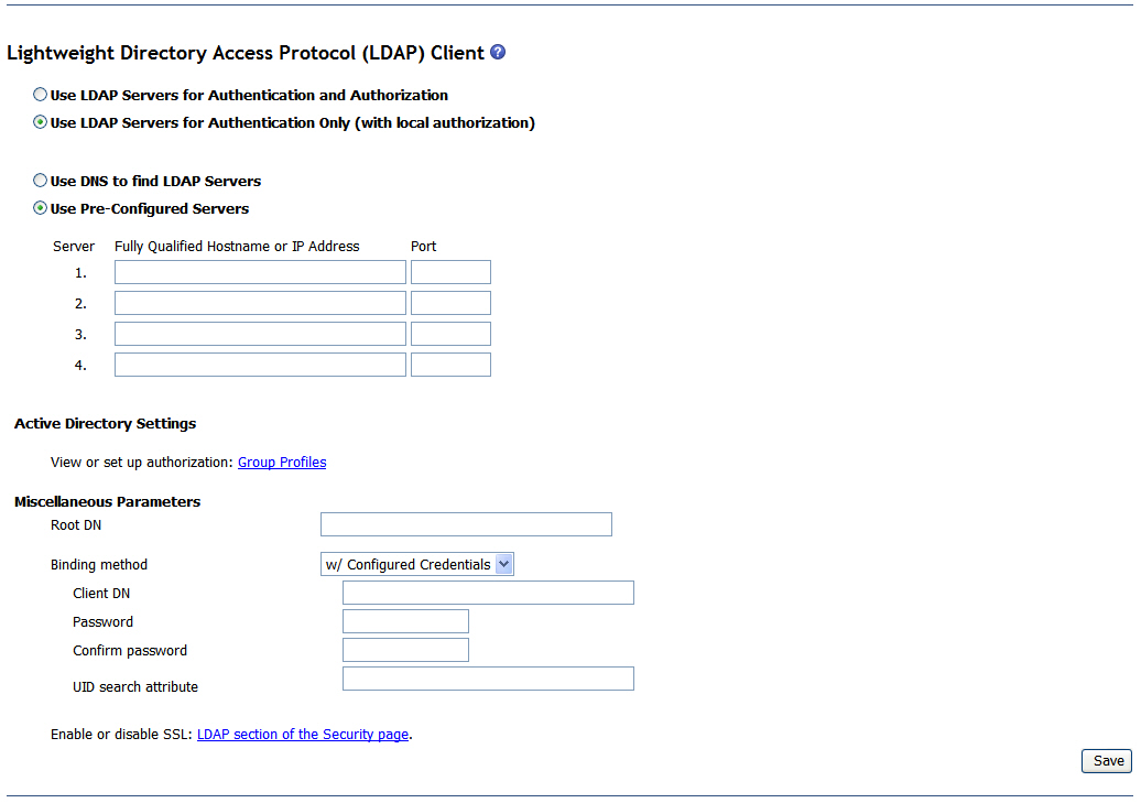 Graphic illustrating the LDAP client setup page for Active Directory authentication with local authorization using pre-configured servers.