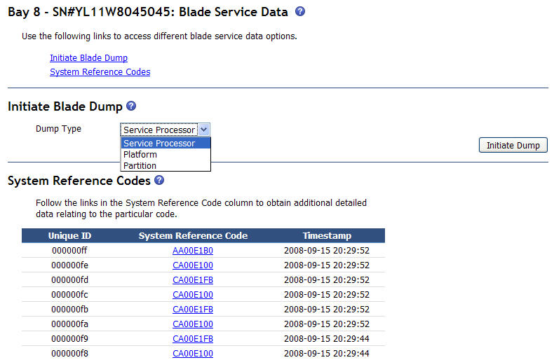 Graphic illustrating the service data dump page with system reference codes.