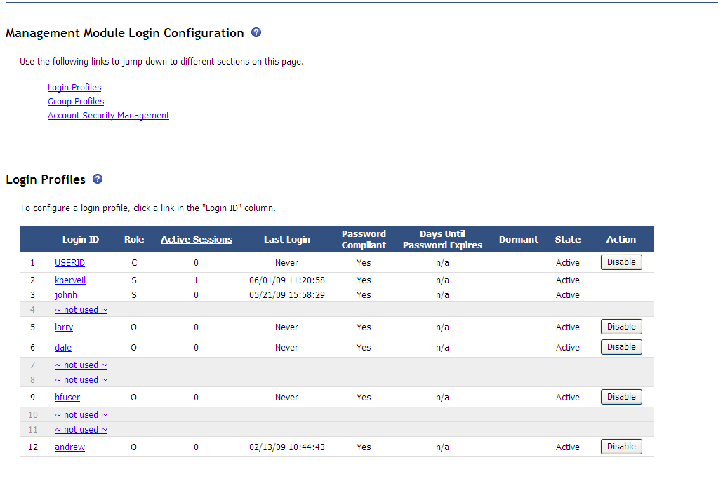 Graphic illustrating the Login Profiles page for an advanced management module.