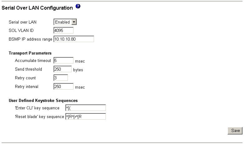 Graphic illustrating the SOL configuration page for a management module other than an advanced management module.