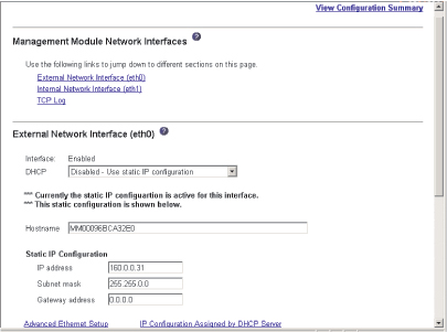 Graphic illustrating the network interfaces page for a management module other than the advanced management module.