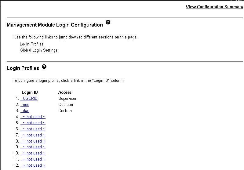 Graphic illustrating the login profiles page for a management module other than the advanced management module.