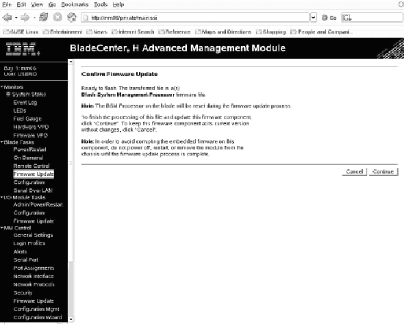Screen capture of the Advanced Management Module Confirm Firmware Update page.