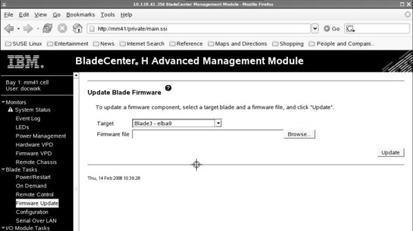Screen capture of the Advanced Management Module Update Blade Firmware page.